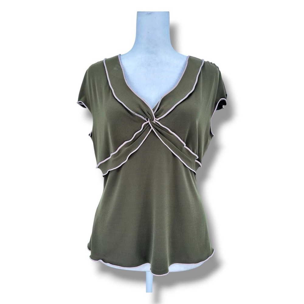 Studio M Y2K Olive Green Twist Front Top M Contrast Trim Whimsygoth Fairy Grunge